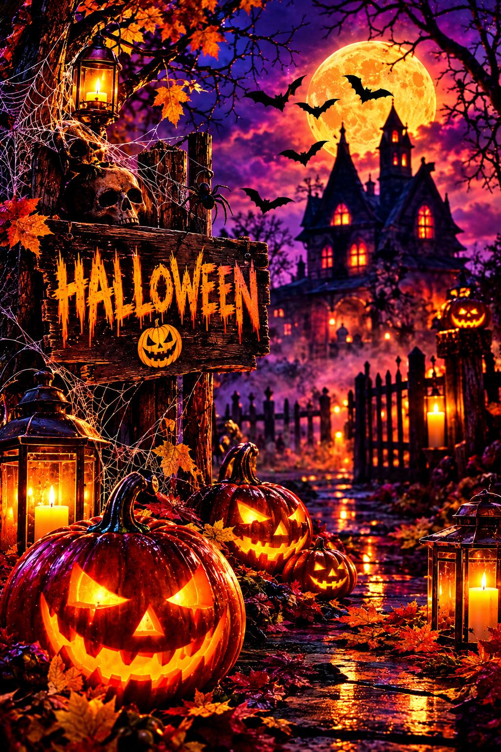 Stimmungsvoll beleuchtete Halloween-Kulisse mit Kürbissen und Laternen